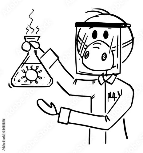 Vector cartoon stick figure drawing conceptual illustration of scientist working in laboratory and wearing face shield and mask showing dangerous biological coronavirus COVID-19 sample.