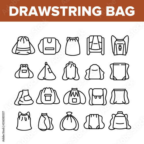 Drawstring Bag Travel Accessory Icons Set Vector. Textile Drawstring Bag  Touristic Backpack With Strings  Fabric Sport Sack Concept Linear Pictograms. Monochrome Contour Illustrations