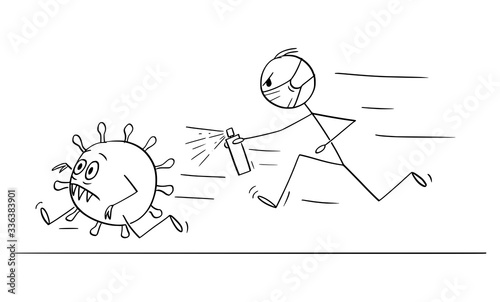 Vector cartoon stick figure drawing conceptual illustration of man chasing running coronavirus COVID-19 virus with disinfection or disinfectant.