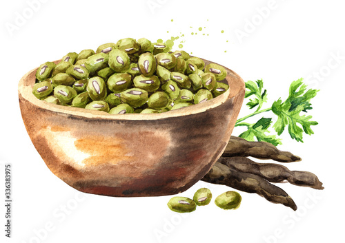 Bowl with Raw mung beans. Hand drawn watercolor illustration, isolated on white background photo