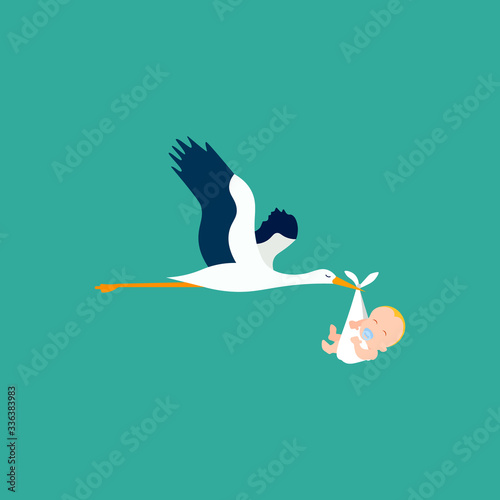 Stork with baby. Bird flying deliver newborn baby. Cartoon vector illustration.