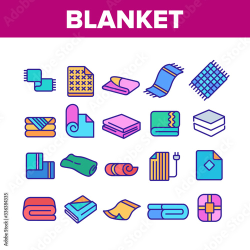 Blanket And Towel Collection Icons Set Vector. Electronic Blanket With Heating, Fabric Bathroom Accessory, Twisted Plaid Concept Linear Pictograms. Color Illustrations