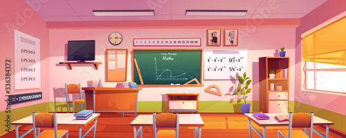 Classroom for math study with graph on chalkboard. Vector cartoon illustration of empty class interior for mathematics, geometry and algebra learning in school or college