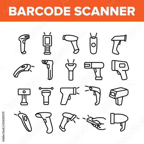 Barcode Scanner Device Collection Icons Set Vector. Scanner Electronic Equipment For Scanning And Reading Product Special Bar Code Concept Linear Pictograms. Monochrome Contour Illustrations
