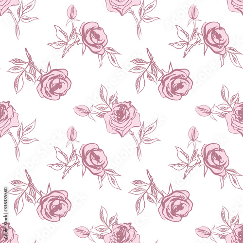 Pink Roses Seamless Pattern. Hand Drawn Floral Background.