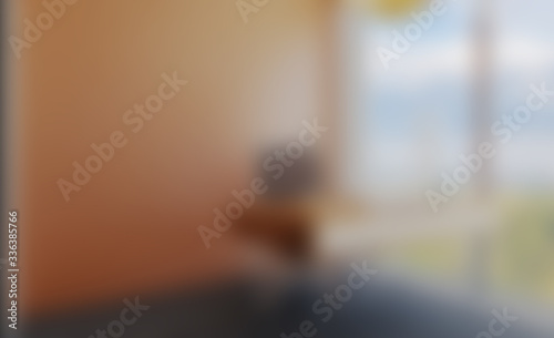 Unfocused, Blur phototography. Modern office with large panoramic windows on the background of the metropolis. 3D rendering. mockup