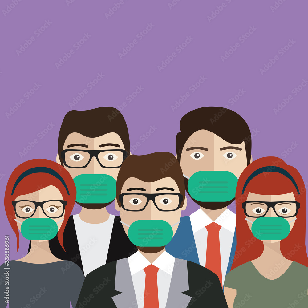 Group of people wearing medical masks to prevent disease, flu, air pollution, contaminated air, world pollution. Vector illustration Group of people wearing medical masks to prevent disease, flu, air pollution, contaminated air, world pollution. Vector illustration