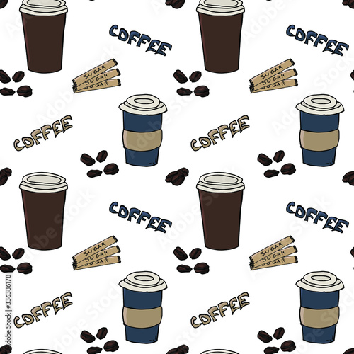 Seamless background hand-drawn paper cup of coffee to go. Against the background of sticks of sugar, drink and a paper cup. Perhaps the use in the interior design of product design coffee shop, store.