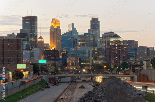 Minneapolis Skyline and Construction at Dusk