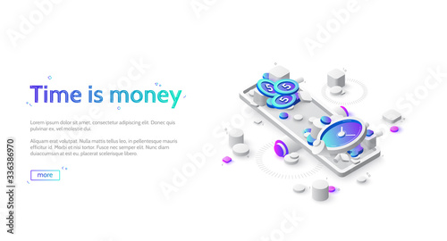 Time and money balance on scale. Time is money business concept. Vector landing page of comparison work and value, financial profit. Isometric icons of coins and watch on seesaw