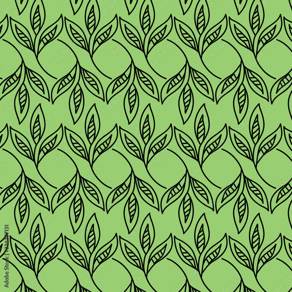 seamless linear pattern with leaves in black and green texture background. simple and beautiful vector illustration.