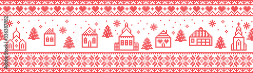 Scandinavian Christmas pattern including Nordic Christmas scenery  Winter Village : Church , house, cottages, town hall in cross stitch with heart, snowflake, snow, Christmas  tree, forest, ornaments