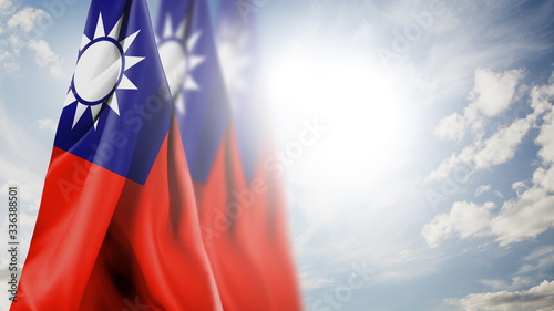 Fotografie Close up waving flag of Taiwan. National Taiwan flag in the sky.