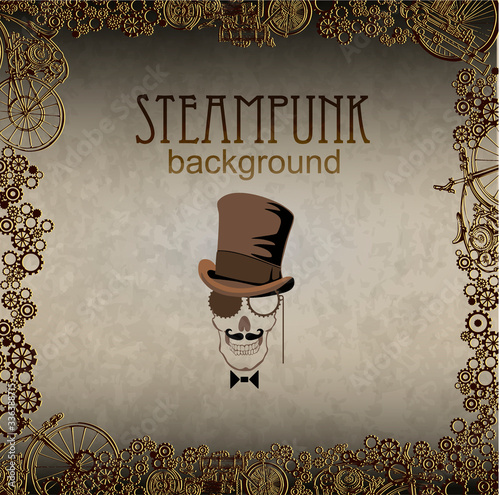 Steampunk Halloween Man Skull. Vintage Edwardian Poster Party. Vector