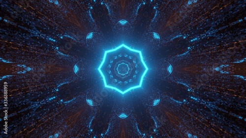 Futuristic science-fiction octagon mandala design with neon blue and orange lights