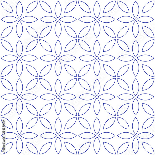 Abstract geometric vector seamless pattern. Blue petals on white background. Abstract floral pattern in arabic style. Vector illustration. Simple design for fabric, wallpaper, scrapbooking