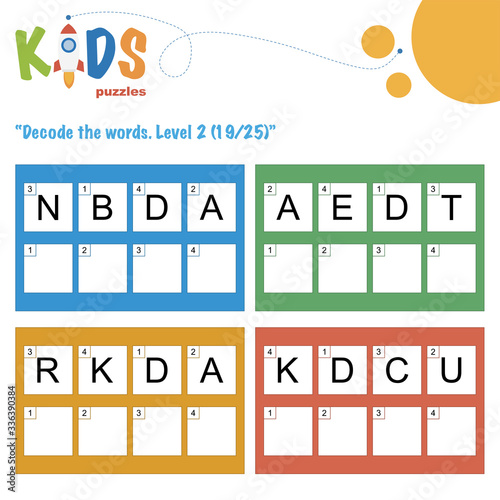 Decode the 4-letter words. Worksheet practice for preschool, elementary and middle school kids. Fun logic puzzle activity sheet.