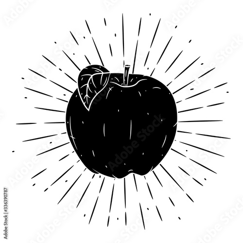 Hand drawn vector illustration with apple and divergent rays. Used for poster, banner, web, t-shirt print, bag print, badges, flyer, logo design and more.