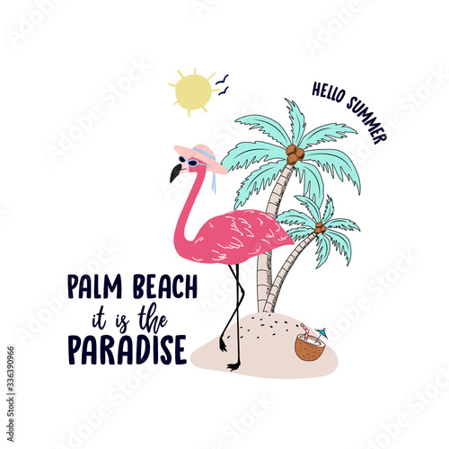 flamingo animal beach palm tropik sun tee illustration art vector photo