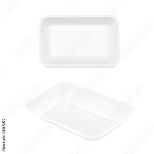 Blank tray mockup container. Top, perspective view. Vector illustration isolated on white background. Template ready for your design. EPS10.	
