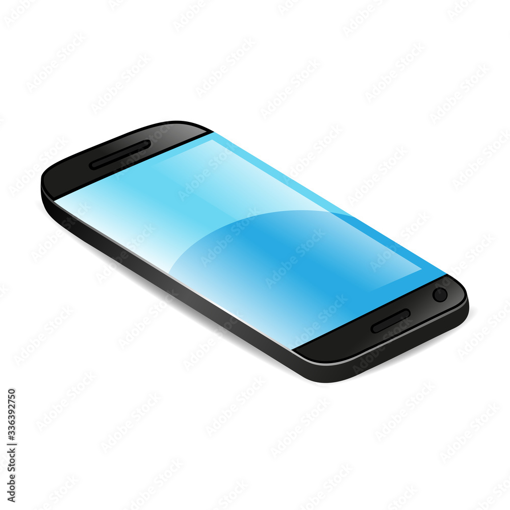 Black smartphone with blue screen on a white background. Black smartphone with blue screen on a white background.