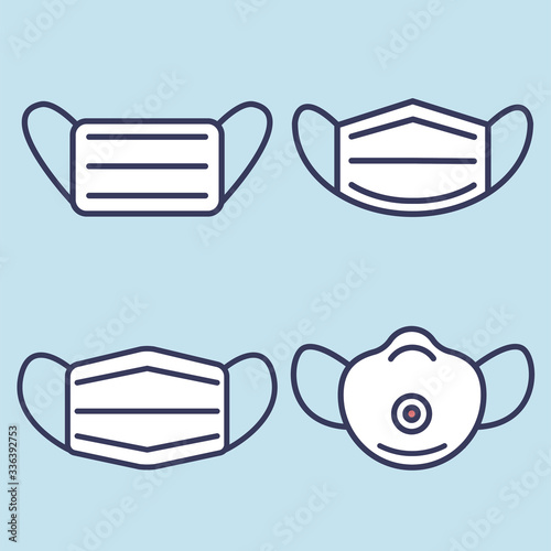 Medical mask N95 icon set. Protective respiratory mask. Virus and dust protection. Coronavirus. Mask N95. Flat cartoon design. Vector illustration