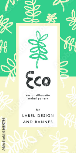 Floral pattern for organic food banner and label tag design with hand-drawn green icons. Herbal ornament. Vector floral silhouettes for Healthy eating concept and eco product. Illustrations of Herbs.