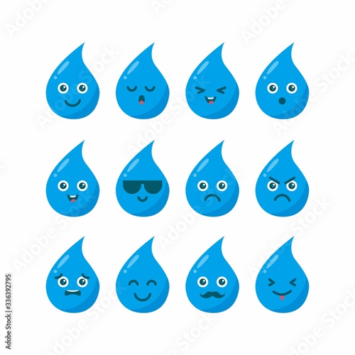 Cute flat blue water character set illustration design, water cartoon emoji characters template vector