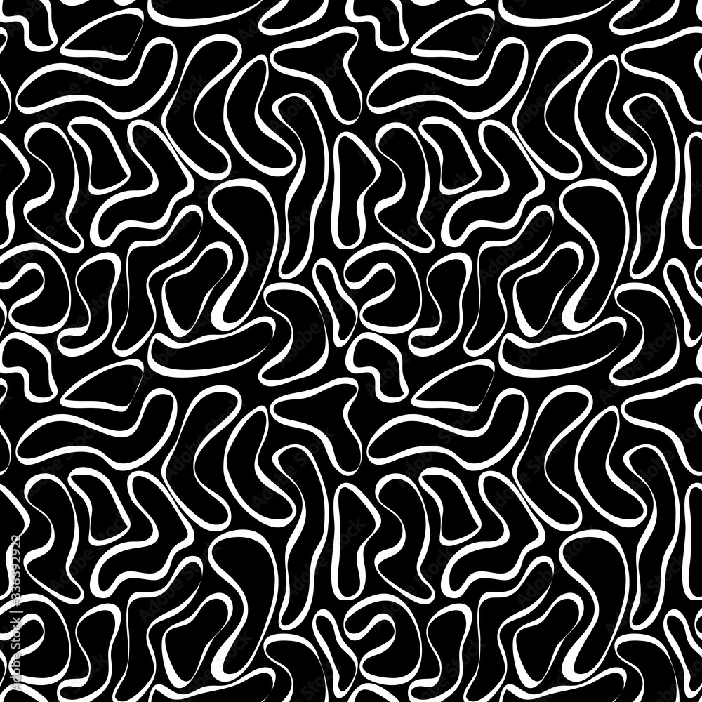 Seamless pattern of white abstract forms of ring ribbons drawn by a brush on black. Modern minimalistic texture. Vector spotted black and white background.