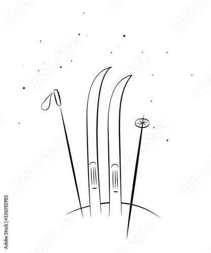 A pair of retro skis and ski poles. Simple black and white minimalist illustration drawing doodle vector linear icon. Editable. Winter sport travel holiday exploration, adventure, ski resort symbol