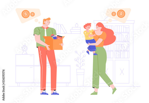 The man lost his job due to the global economic crisis. Reductions and layoffs. Sad family without money. Social and financial problems. Vector flat illustration.