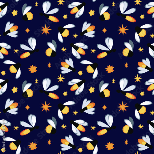 Seamless pattern with vector fireflies and stars on a dark blue background.