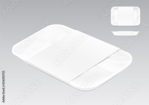 Blank tray mockup container. Top, side, perspective view. Vector illustration on grey background. Template ready for your design. EPS10.	