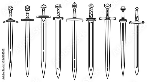 Set of simple vector images of medieval short swords drawn in art line style.