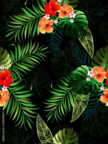 Vector tropical pattern with hibiscus flowers and exotic palm leaves. Trendy summer background. Summer floral illustration.