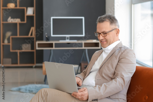 Mature man using laptop at ...