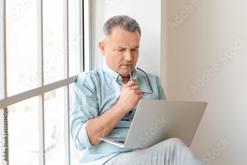 Mature man using laptop at ...