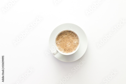 White empty desk with one coffee in the middle. Copy space. Isolated.