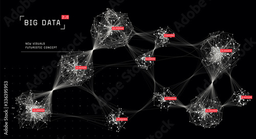 Abstract big data visualization. Futuristic tech background. Cloud computing concept. Network of connected nodes. Information clustering.
