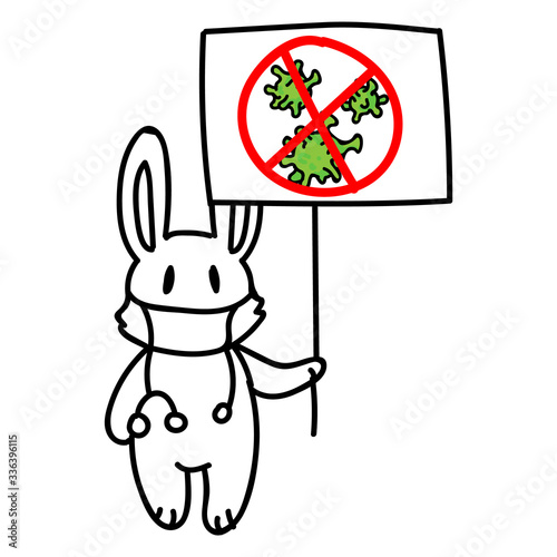 Corona virus kids cartoon doctor explainer infographic. Viral flu face mask on cute bunny. Educational graphic with picture of virus. Friendly icon for children. Vector flu safety monochrome lineart. 