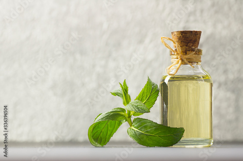 Glass bottle of peppermint essential oil with fresh green mint leaves on rustic background