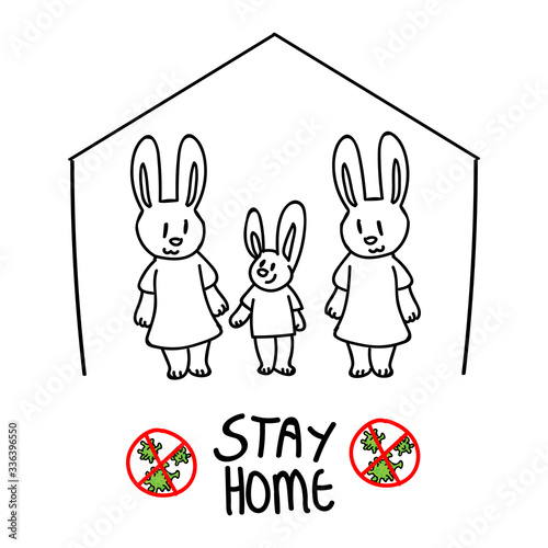 Corona virus covid 19 self isolate cute bunny lesbian family infographic sign. News broadcast quarantine support. Medical poster. Banner black white. Viral isolation information. Monochrome lineart. 
