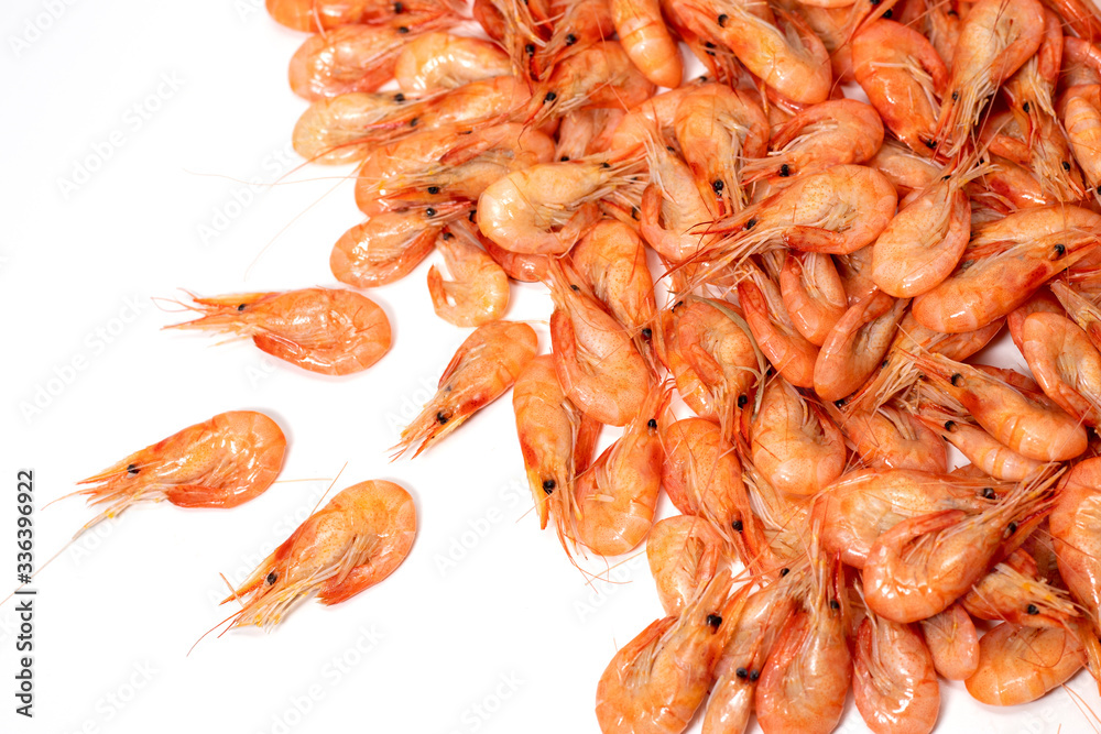 Boiled shrimps on white background. macro
