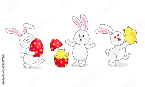 Cute cartoon Easter bunny, character design. Three  different poses with egg and  little chick. Easter holiday concept. Vector illustration isolated on white background.
