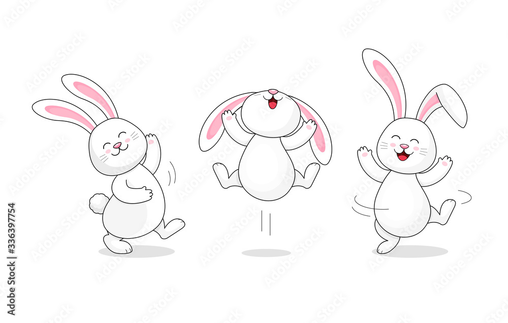 White rabbit jumping and dancing. Cute bunny. Happy Easter day, cartoon character design. Vector Illustration isolated on white background. White rabbit jumping and dancing. Cute bunny. Happy Easter day, cartoon character design. Vector Illustration isolated on white background.