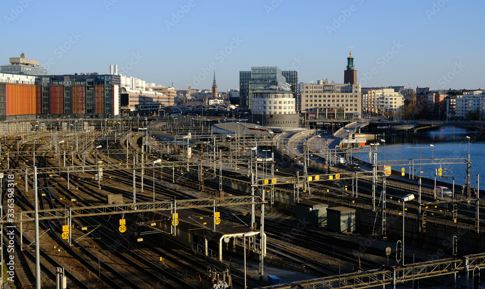 Train tracks and Stockholm city skyline, Stockholm, Sweden