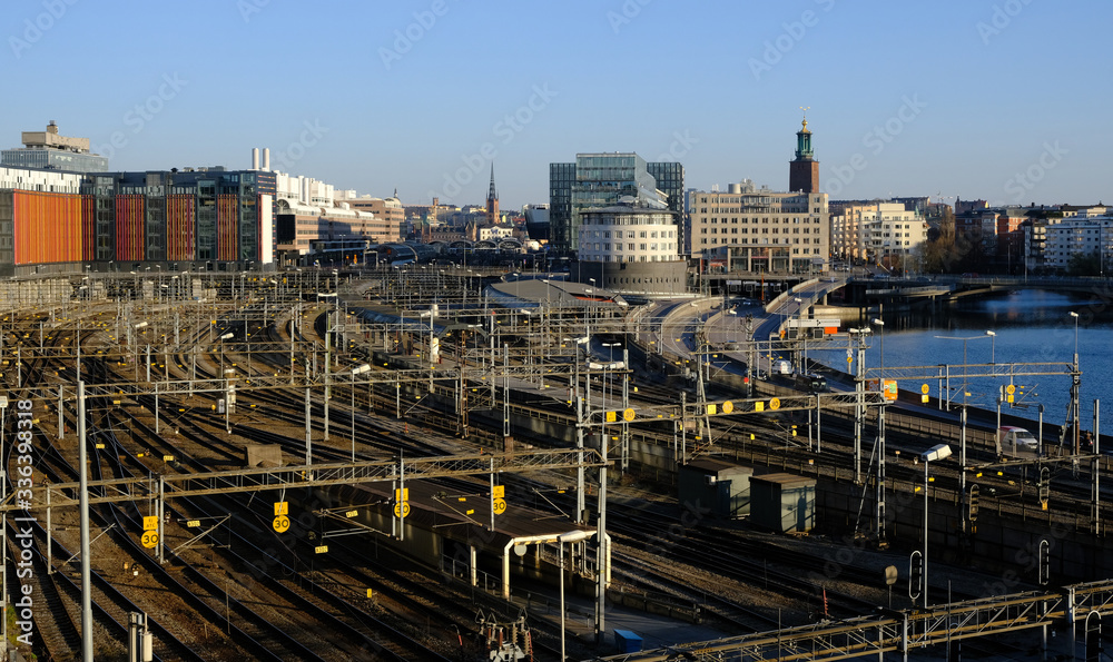 Train tracks and Stockholm city skyline, Stockholm, Sweden Train tracks and Stockholm city skyline, Stockholm, Sweden