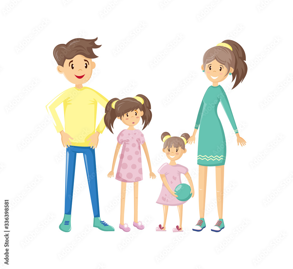 Happy family portrait. Father, mother, son and daughter together with cheerful smile. Joint pastime. Walking outdoors in park. Vector illustration in cartoon style. Happy family portrait. Father, mother, son and daughter together with cheerful smile. Joint pastime. Walking outdoors in park. Vector illustration in cartoon style.