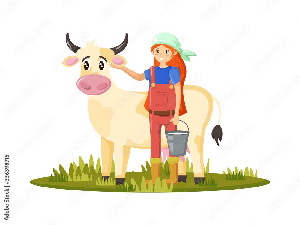 Farmers and agricultural work characters. Woman milkmaid with cow, collects milk. Agricultural gardener, agronomist engaged in household, ranch. Milk farmer agriculture products. Vector illustration.