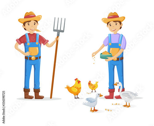 Farmers with pitchfork in hand, working in fields. Man feeds pets. Agricultural gardener, agronomist work characters. Vector illustration.